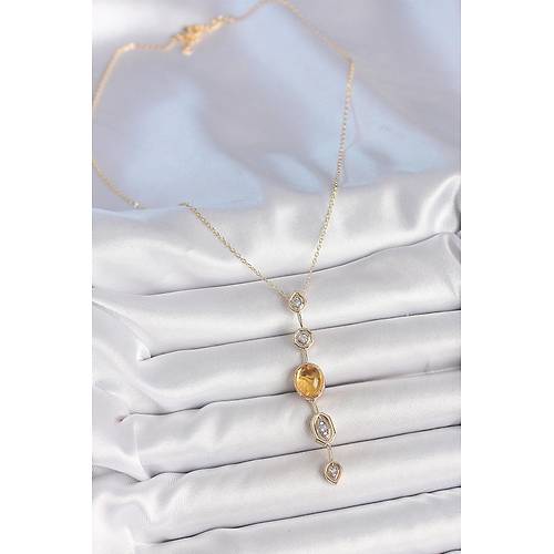 Pirin� Zincir Kehribar Sar� Gold Renk  Zirkon Ta�l� Y Kolye