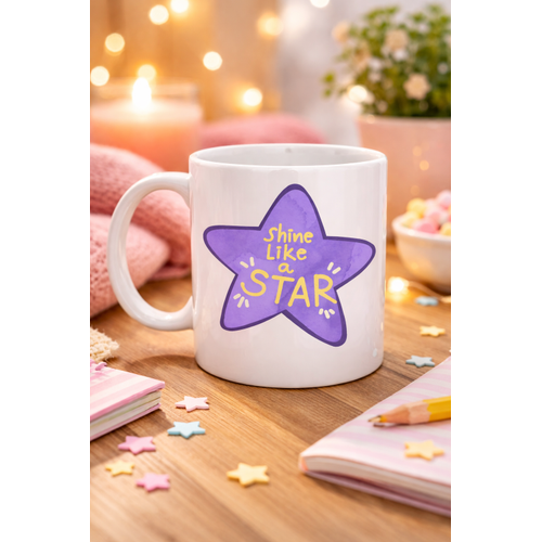Shine Like a Star � Motivasyon Mesajl� Mor Y�ld�z Tasar�ml� Porselen Kupa MODEL 122 , G�nl�k Kullan�m & Hediye Kupas�
