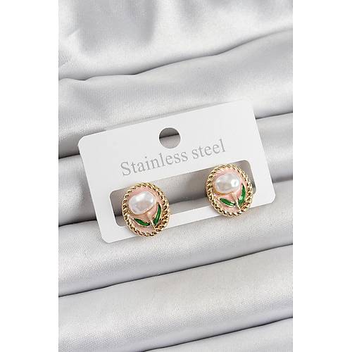 Pirin� Pembe Mineli Lale Fig�rl� Sanatsal Portre Model Gold Renk Kad�n K�pe