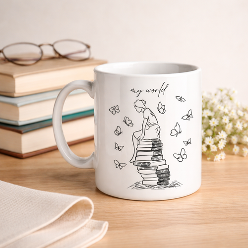 My World Kitap Temal� Tasar�m Kupa Model 225 Minimal Bask�l� Seramik Kahve Kupas�