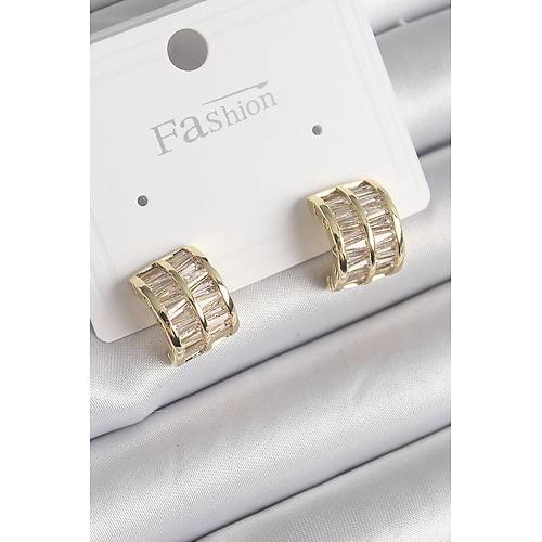 Pirin� Gold Renk �ift S�ra Zirkon Ta�l� Kad�n K�pe