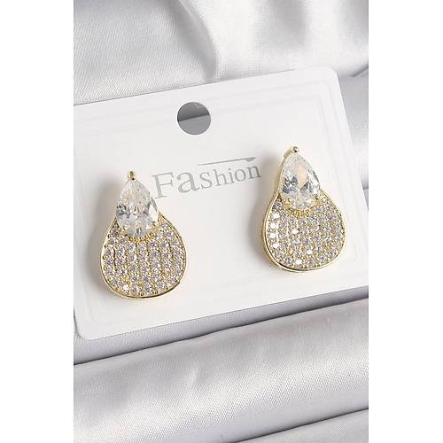 Pirin� Gold Renk Zirkon Ta�l� Damla Model Kad�n K�pe