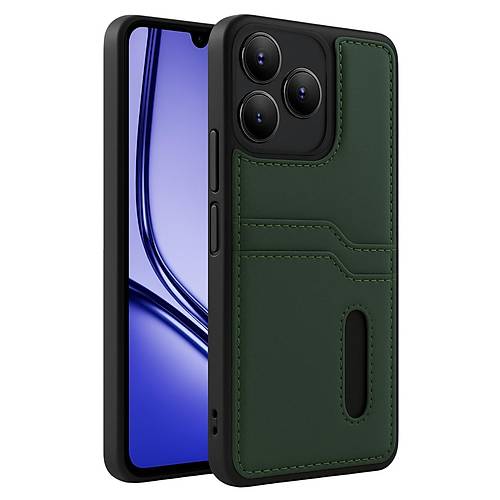 Realme Note 50 4G K�l�f Sara Kartvizitli Deri K�l�f - Koyu Ye�il