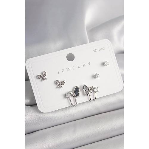 925 Ayar G�m�� �ivi Pirin� G�m�� Renk Zirkon Ta�l� Kelebek Model Kad�n K�pe Seti