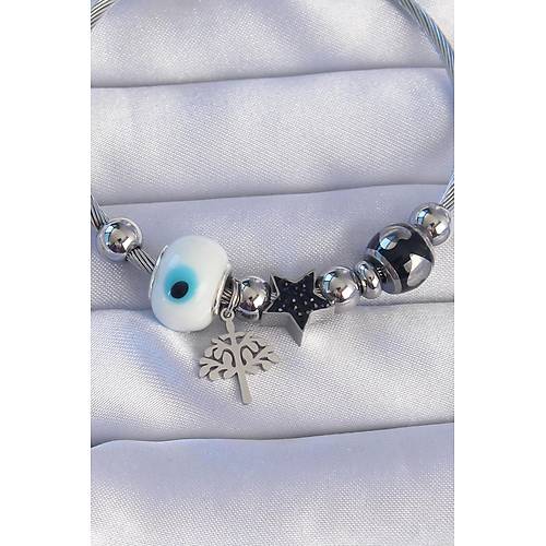 316L �elik G�m�� Renk Siyah Zirkon Ta�l� Y�ld�z Tasar�ml� A�a� Detay Nazarl� Charm Bileklik