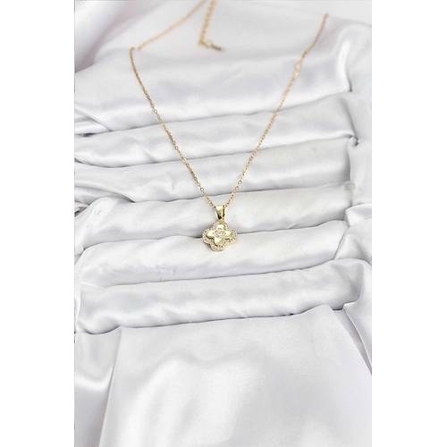 316L �elik Zincir Gold Renk Zirkon Ta�l� Yonca Model Kad�n Kolye