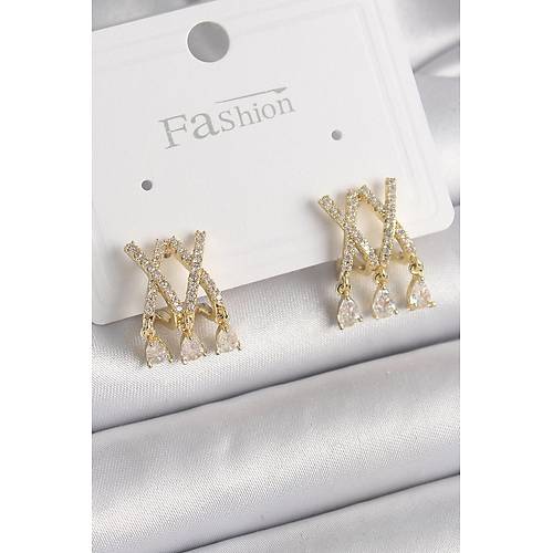 Pirin� Gold Renk Zirkon Ta�l� X Model Sallant� Detay Kad�n K�pe