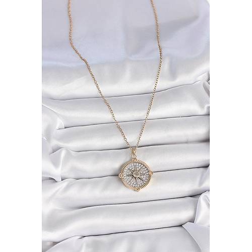 316L �elik Gold Renk Zirkon Ta�l� Pusula Model Kad�n Kolye