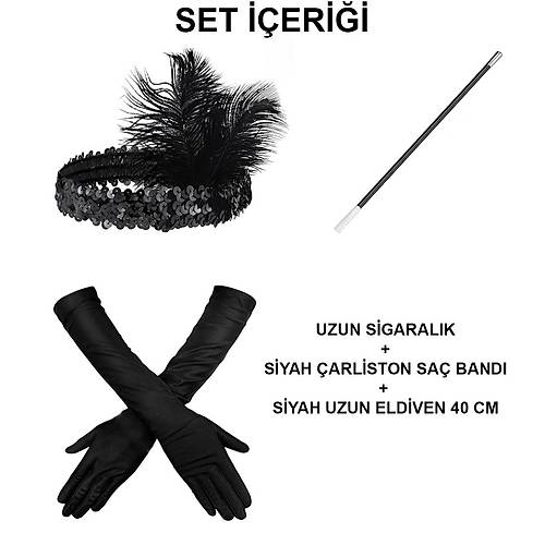 1920'ler Gatsby Aksesuar Seti � Siyah Charleston Sa� Band�, Uzun Eldiven & Sigaral�k
