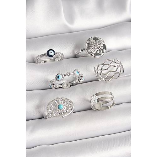 Pirin� G�m�� Renk Nazar Boncuk Zirkon Ta� Detayl� Dalga Fig�r Kad�n Y�z�k Kombini