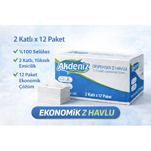 Akdeniz Dispenser Z Havlu 2 Katl� 12 Paket | %100 Sel�loz | Ekonomik Z Katl� Ka��t Havlu