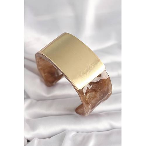 Kahverengi Mermer Desen Akrilik Platik Gold Dikd�rtgen Plaka Model Vintage Kad�n Bilezik