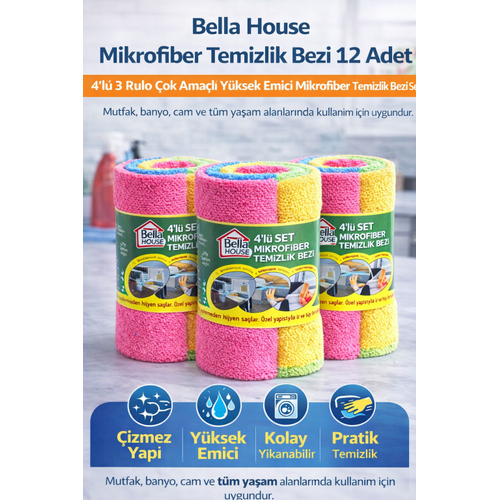 Bella House Mikrofiber Temizlik Bezi 12 Adet (4'l� 3 Rulo) �ok Ama�l� Y�ksek Emici Mikrofiber Temizlik Bezi Seti