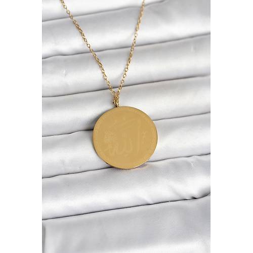 316L �elik Gold Renk Ayetel K�rsi ve Allah Yaz�l� Kolye