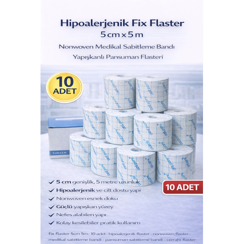 Hipoalerjenik Fix Flaster 5 cm x 5 m 10 Adet Nonwoven Medikal Sabitleme Band� Yap��kanl� Pansuman Flasteri