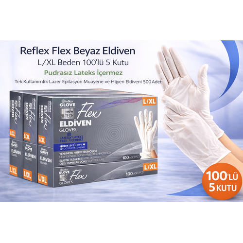 Reflex Flex Beyaz Eldiven L/XL Beden 100�l� 5 Kutu Pudras�z Lateks ��ermez Tek Kullan�ml�k Lazer Epilasyon Muayene ve Hijyen Eldiveni 500 Adet