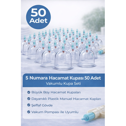 5 Numara Hacamat Kupas� 50 Adet Vakumlu Kupa Seti � Manuel Pompa Uyumlu �effaf Plastik B�y�k Boy Hacamat Kab�