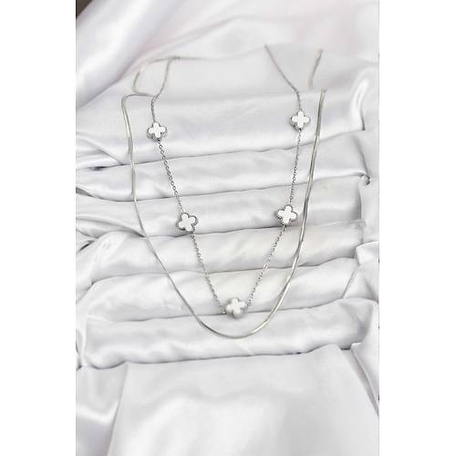 316L �elik Zincir G�m�� Renk �talyan Zincirli Yonca Model Kad�n Kolye