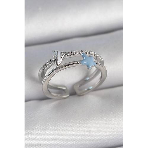 Pirin� G�m�� Renk 2'Li Zirkon Ta�l� Mavi Y�ld�z Fig�r Ayarlanabilir Kad�n Y�z�k