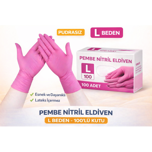 Pembe Nitril Eldiven L Beden Pudras�z 100�l� 1 Kutu Tek Kullan�ml�k Dayan�kl� Muayene Eldiveni