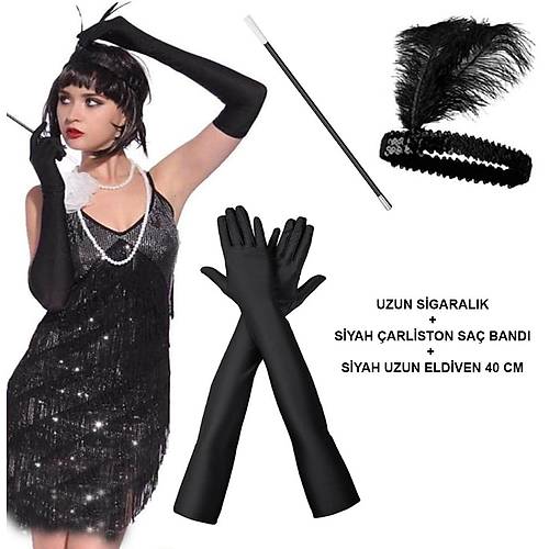1920'ler Gatsby Aksesuar Seti � Siyah Charleston Sa� Band�, Uzun Eldiven & Sigaral�k