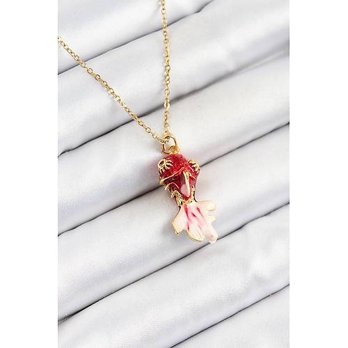 316L �elik Zincir K�rm�z� Bal�k Model Gold Renk Kad�n Kolye