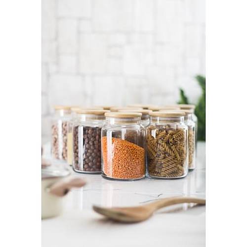 12 Li Set Bambu Kapakl� Cam Kavanoz & Erzak Saklama Kab� 800 ml Orta Boy ( Vakum Kapak )