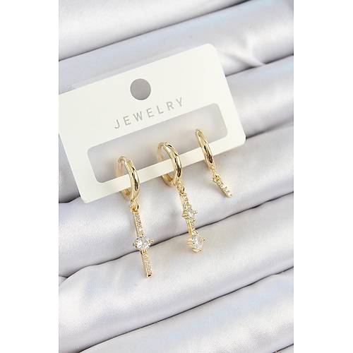 Pirin� Zirkon Ta�l� Sallant�l� Model Gold Renk 3'l� �ift Kad�n K�pe Set