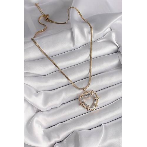 316L �elik Gold Renk �talyan Zincir Mix Renk Zirkon Ta�l� Kalp Model Kad�n Kolye