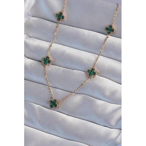 316L �elik Gold Renk Minimal Ye�il Mineli Yonca Kolye