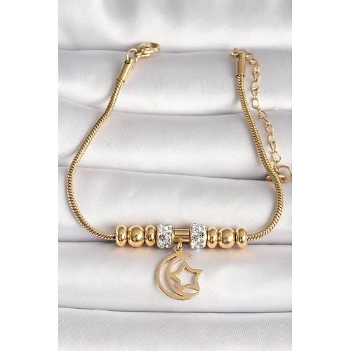 316L �elik Gold Renk T�p Zincir Zirkon Ta� Detayl� Sallant� Ay Y�ld�z Fig�r Kad�n Bileklik