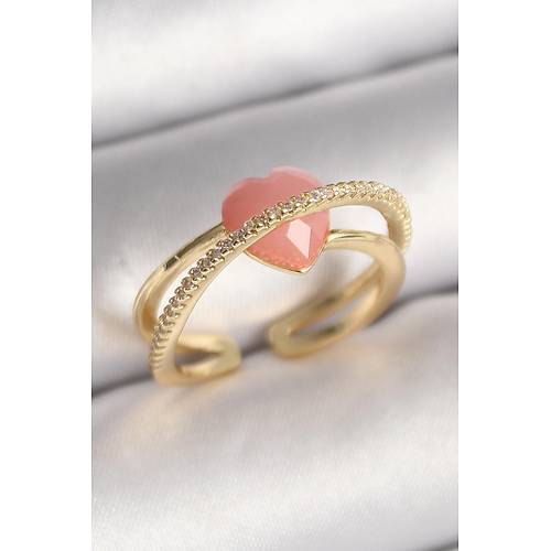 Pirin� Gold Renk Pembe Kristal Kalp Model Zirkon Ta� Detayl� Kad�n Y�z�k