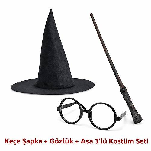 Harry Potter Tarz� �ocuk Seti (Siyah Ke�e �apka, Asa, G�zl�k)