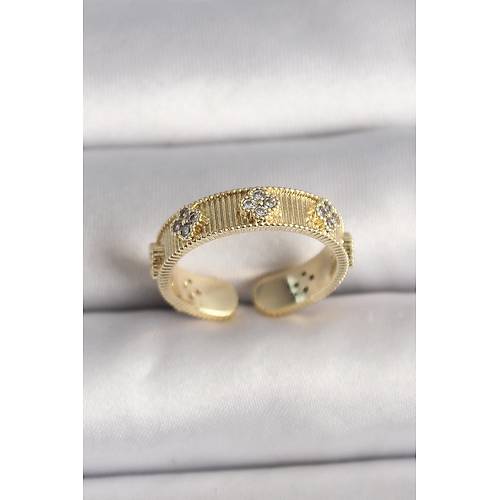 Pirin� Gold Renk Zirkon Ta�l� Yonca ��lemeli Ayarlanabilir Y�z�k