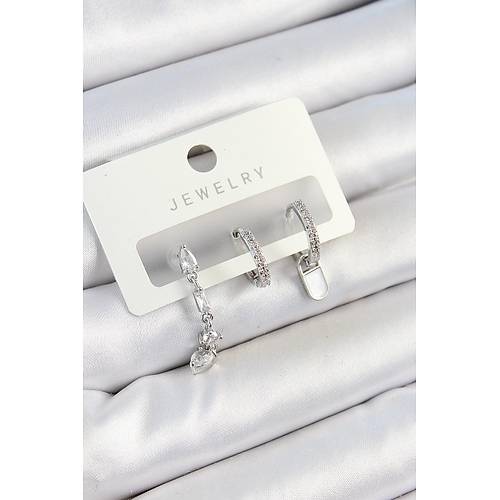 Pirin� Zirkon Ta�l� Sallant�l� Model G�m�� Renk 3'l� �ift Kad�n K�pe Set