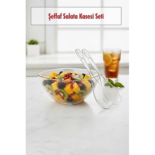 3,5 Lt �effaf Akrilik Salata Servis Kasesi ve �atal Ka��k Seti - 3 Par�a