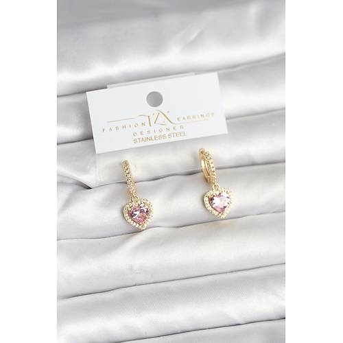 Pirin� Gold Pembe Renk Zirkon Ta�l� Kalp Model Kad�n K�pe