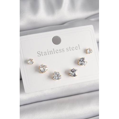 316L �elik Gold Renk Zirkon Ta�l� Kalp Model Kad�n K�pe Seti