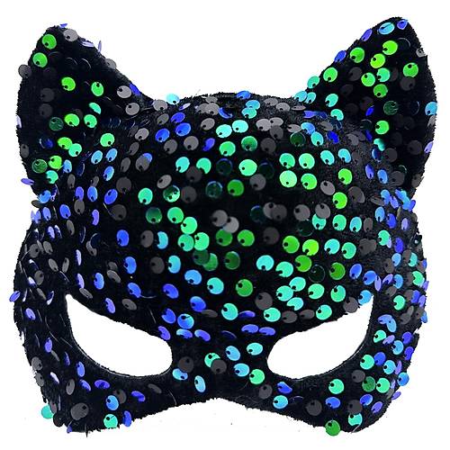 Siyah Kadife Kuma� �zerine Mavi Ye�il Payetli Pullu Parti Maskesi 16x14 cm