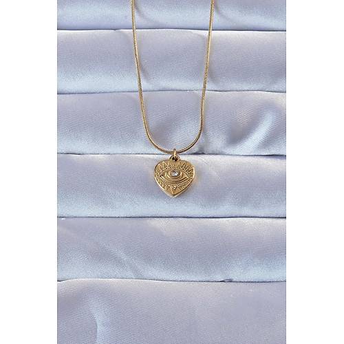 316L Alt�n Renk Zirkon Ta�l� ��lemeli G�z Detay Kalp Kolye