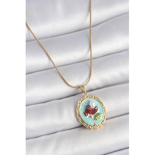 316L �elik Gold Renk Zincir Turkuaz Mineli �ncili �i�ek ��lemeli Portre Model Kad�n Kolye