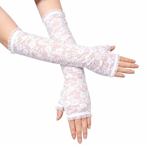 Uzun Zarif Dantel Eldiven Parmaks�z Beyaz 35 cm