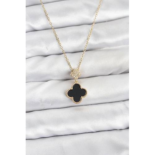 316L �elik Zincir Gold Renk Yonca Model Zirkon Ta�l� Kad�n Kolye