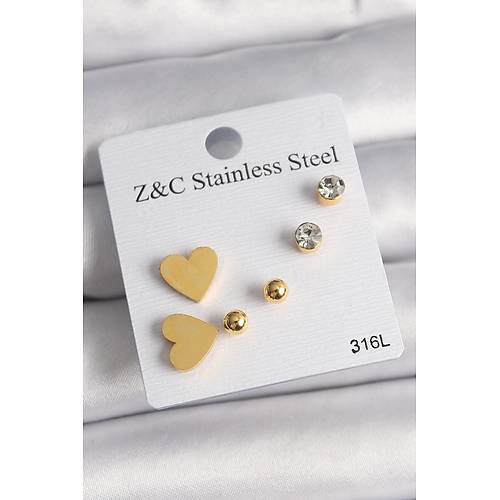 316L �elik Gold Renk Zirkon Ta�l� Kalpli Kad�n K�pe Seti