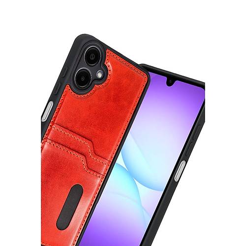 Galaxy A07 4G Sara Kartvizitli Deri K�l�f - K�rm�z�