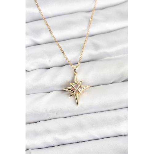316L �elik Gold Renk Zirkon Ta�l� Kutup Y�ld�z� Model Kad�n Kolye