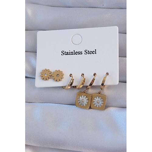 316L �elik Gold Renk Zirkon Ta�l� Sedefli Papatya Model Halka K�pe Seti