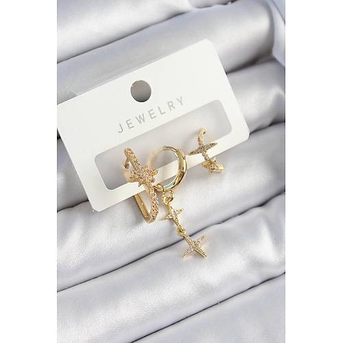 Pirin� Zirkon Ta�l� Y�ld�z Model Gold Renk 3'l� �ift Kad�n K�pe Set