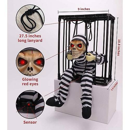 Hareketli Sesli Sens�rl� Mahkum G�r�n�ml� Kuru Kafa �skelet Dekorasyon 22x27 cm