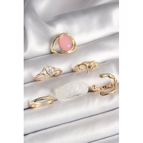 Pirin� Gold Renk Zirkon Ta� Detayl� Pembe Mineli 6'L� Kad�n Y�z�k Seti